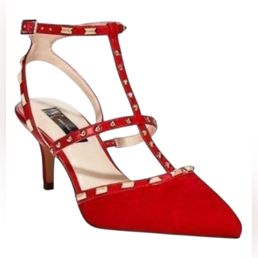 INC International Concepts Carma Red Suede Silver Studded Kitten Heels Size 7.5M